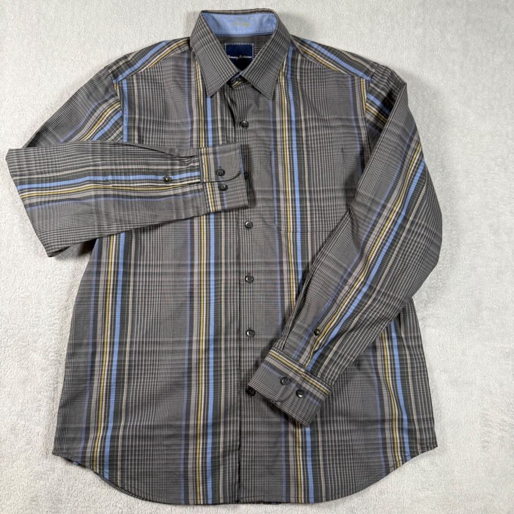 Tommy Bahama Button Up Shirt Mens S Gray Blue Plaid Silk Cotton T317469
